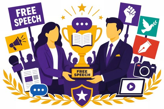 Free speech award ceremony with trophy press freedom and anti-censorship illustration
