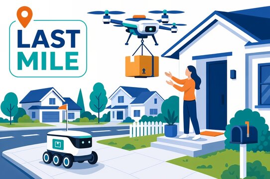 Last mile delivery drone and autonomous robot delivering package to residential home illustration