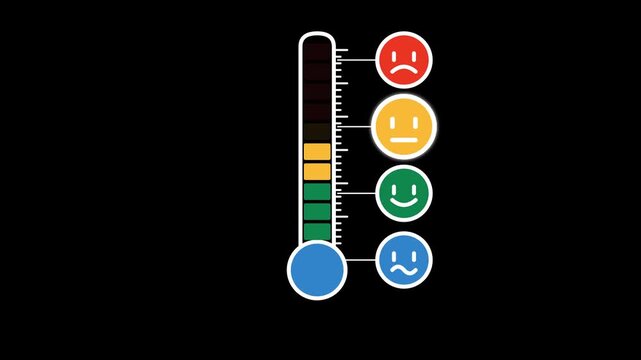 Customer Satisfaction Meter with Emoticons on Black Background.