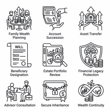 Set of icons representing financial planning, wealth management, and estate succession concepts.