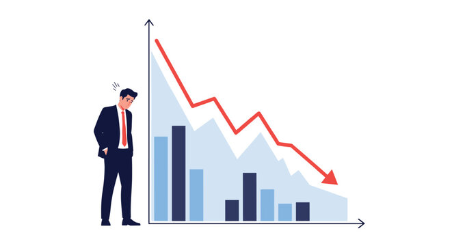 Stressed businessman in a suit looks down in disappointment at a line graph showing a significant decline in financial performance or stocks.