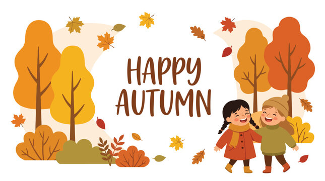 Flat style vector illustration of two happy children playing together in an autumn forest with falling leaves. Perfect for seasonal greeting cards and fun kids banners