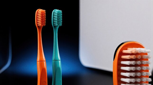 Two toothbrushes orange and teal stand side by side. A third toothbrush holder with bristles is on the right. Modern dental hygiene products.