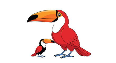 Fototapeta premium Two colorful red-breasted toucans with large orange beaks standing together against a plain white background in a simple clean illustration style.