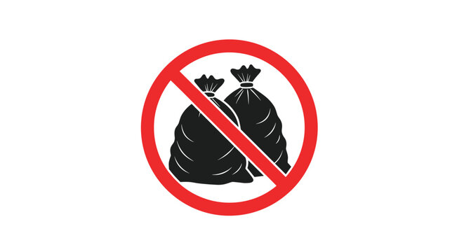 No trash or garbage dumping sign featuring black garbage bags inside a red circle with a diagonal slash on a clean white background.