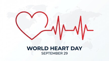 Obraz premium World Heart Day September 29 Concept Banner with Heartbeat Line and World Map Background.