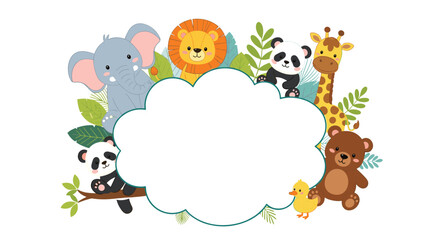 Naklejka premium Decorative cloud-shaped frame surrounded by adorable cartoon wild animals including an elephant, lion, giraffe, panda, and bear.