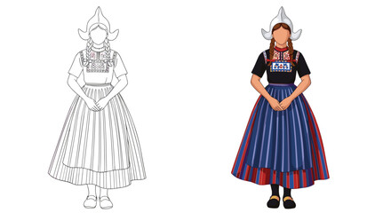 Fototapeta premium Woman dressed in a traditional Dutch folk costume with a white cap and striped skirt shown in line art and colored versions.
