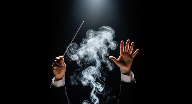Dramatic Orchestra Conductor Hands with Baton and Swirling Smoke on Black Background - Creative Music Concept