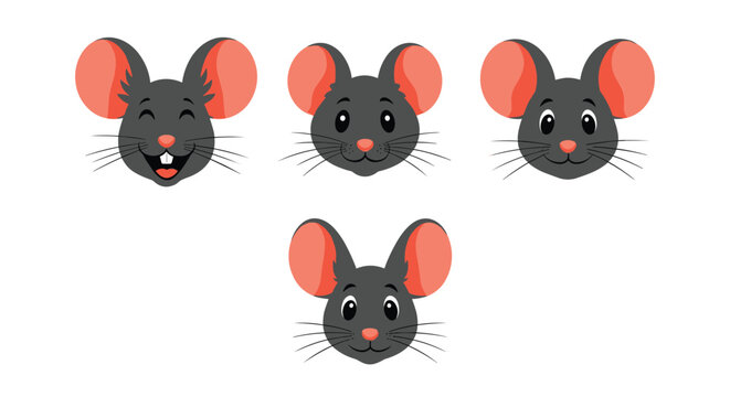 Collection of cute cartoon mouse heads displaying various emotions such as happy, curious, and surprised on a white background.