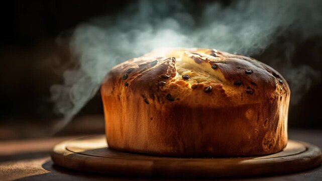 Freshly baked cake on wooden table, traditional Christmas holiday sweet bread, panettone