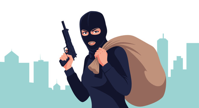 Female criminal wearing a black balaclava holding a handgun and carrying a heavy sack of money against a city skyline backdrop.
