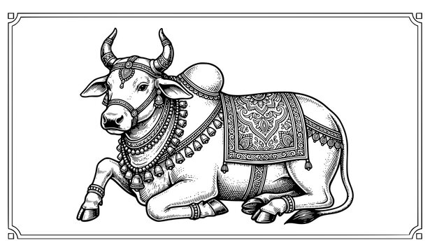 Vintage Engraved Sacred Nandi Bull Hindu Religious Sketch Vector