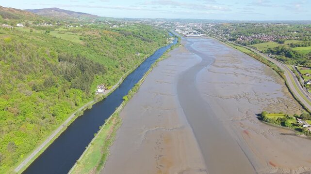 Vast Sand And Mud Flats Along The Newry River In Newry, Northern Ireland. Aerial Drone Shot