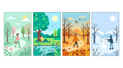 Fototapeta premium Seasonal illustrations feature four individual scenes representing the unique characteristics of spring, summer, autumn, and winter.