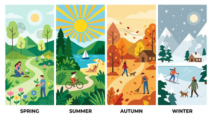 Fototapeta premium Four distinct seasonal panels display people engaging in outdoor activities across a changing natural environment.