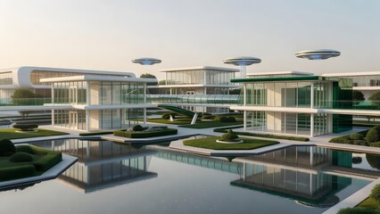 Fototapeta premium Futuristic sustainable city with advanced architecture and flying vehicles gliding gracefully over tranquil water features.