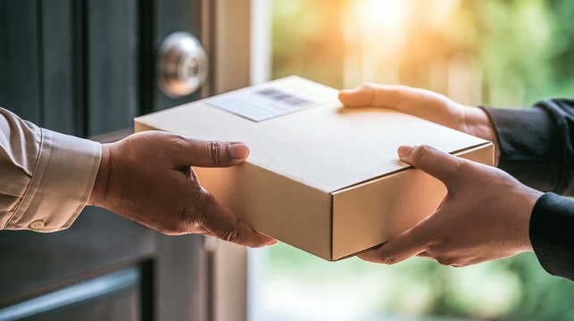 Hands exchanging a cardboard delivery box at a doorway, signifying package shipping and customer service