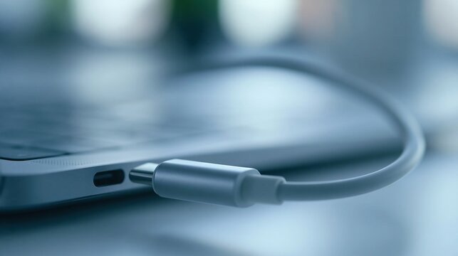Close-up of a grey usb c connector plugged into a laptop port with blurred background