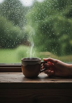 Hand Holding Steaming Cup of Coffee or Tea on Wooden Windowsill During Rainy Day with Green Garden Background