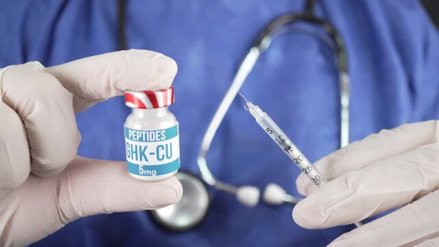 Doctor in latex gloves presents a labeled GHK-CU peptide bottle beside a prepared injection needle against a scrub uniform background.