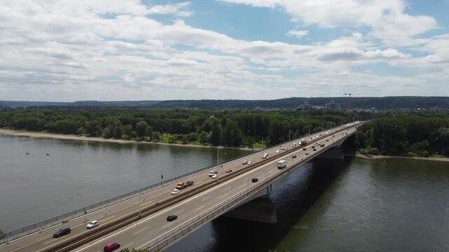 View of the Konrad Adenauer Bridge with Rhine in Bonn with traffic 4k