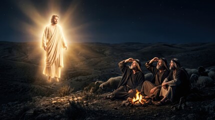Obraz premium Angel appearing to shepherds watching their flocks at night in the field. Biblical nativity scene depicting the announcement of the birth of Jesus Christ. Religious Christmas tradition.