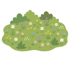 Fototapeta premium Hand-drawn vector illustration of a green meadow dotted with scattered colorful wildflowers and leafy bushes in a charming flat design style for nature graphics