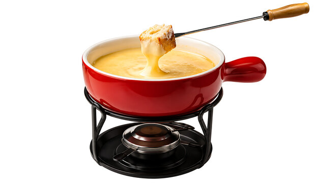 Traditional Swiss cheese fondue in red pot with bread on fork isolated on white background