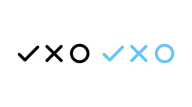 Check mark, cross, and circle icons in black and blue styles for user interface, validation, selection, and feedback
