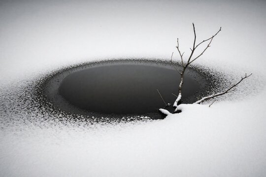 Minimalist composition shows frozen river ice hole with dark water. Lone bare branch emerges from snow covered bank. Winter stillness prevails in stark natural scene.