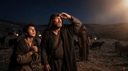 Obraz premium Shepherd man and boy looking at the luminous star in the dark night sky. Biblical scene of nativity announcement. Ancient historical characters in desert landscape at festive Christmas.