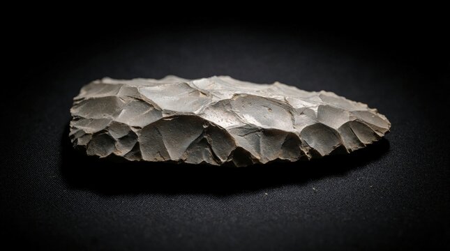 Ancient bifacial flint knife, a hand-made stone tool, represents primitive Paleolithic survival and hunting techniques. This sharp artifact is displayed on a dark background.