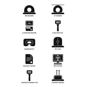 Medical Radiology Icons Set, 10 Diagnostic Imaging Vector Symbols, MRI and CT Scanner Equipment, Healthcare Radiology Report and PACS System Graphics