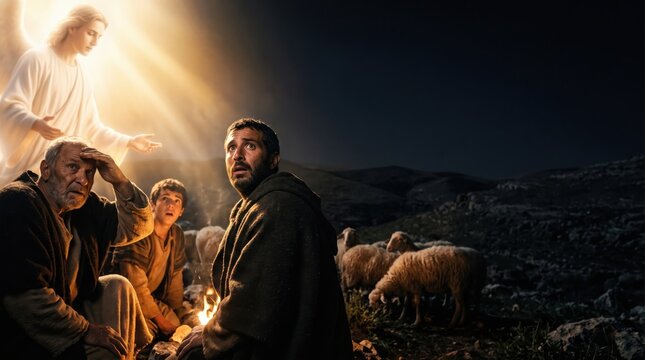 Angel appearing to shepherds in the field at night with sheep. Biblical scene from the Gospel of Luke narrates the announcement of the birth of Jesus. Religious Christmas concept.