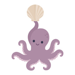 Naklejka premium Cute purple octopus balancing a round seashell on its head in a charming hand drawn vector illustration with friendly cartoon style perfect for ocean themed designs and aquatic decor