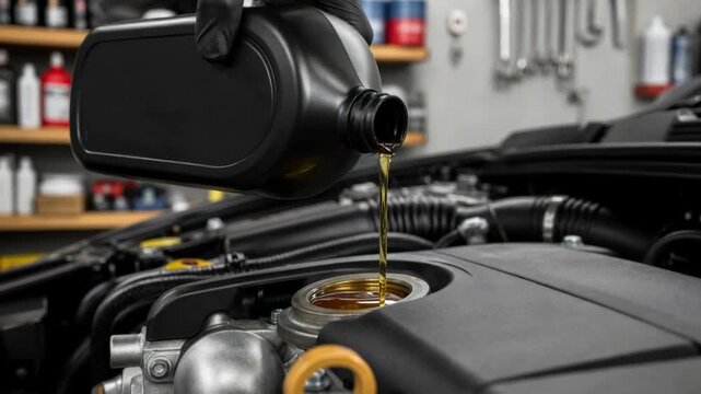 Car engine oil pouring into engine compartment in an auto repair garage workshop