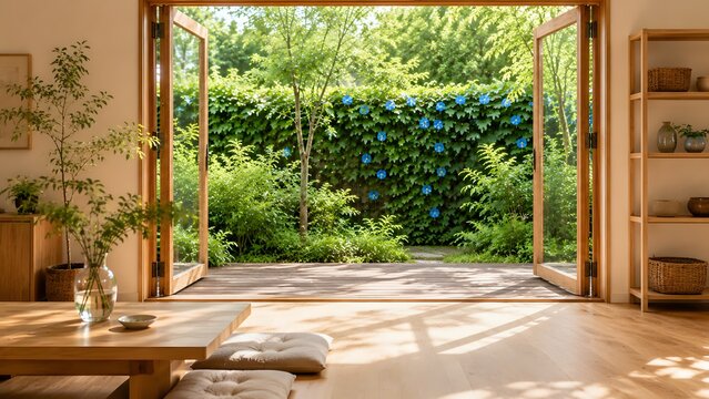 Japanese modern tatami room with garden view and morning glories
