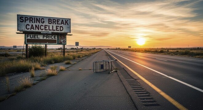 Empty highway at sunset with a shopping cart and a sign about spring break cancellation, AI generated