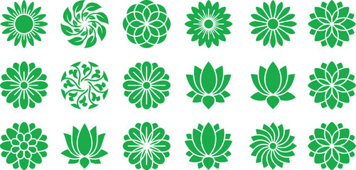 Fototapeta premium Set of green abstract circular pixel art icons and geometric shape elements