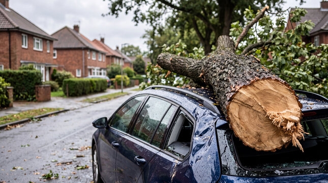 Fallen tree trunk crushing blue car windshield after storm. Damaged vehicle parked on suburban street. Natural disaster, insurance claim, weather catastrophe and accident cleanup concept.