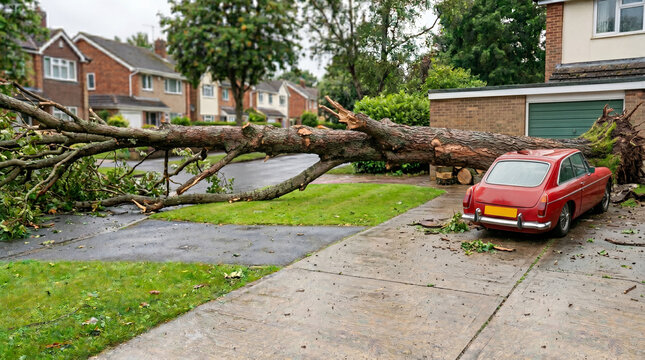 Fallen tree crushing red car in driveway. Storm damage to vehicle and residential property. Dangerous accident after natural disaster. Insurance claim and recovery preparation concept.