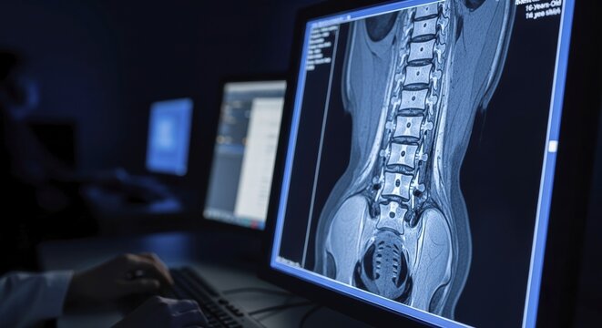 Close-up of a medical professional's hands typing on a keyboard while viewing a high-resolution magnetic resonance imaging scan of a human lumbar spine and pelvic region, AI generated