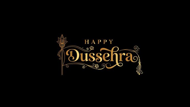 Happy Dussehra Festival Celebration with Golden Text and Glittering Particles on Black Background.