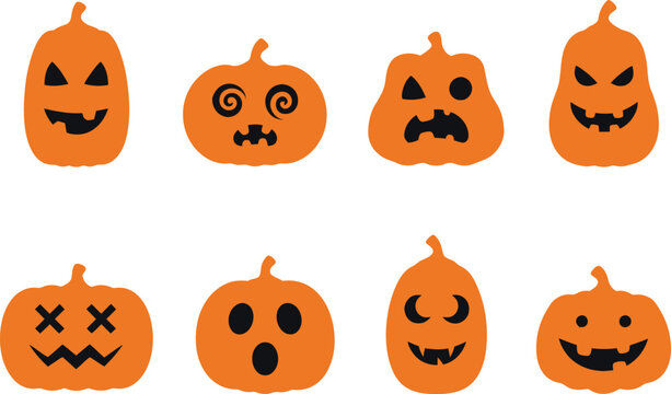 Halloween jack o lantern pumpkin faces vector set with orange flat silhouettes of spooky scary funny and smiling carved expressions isolated