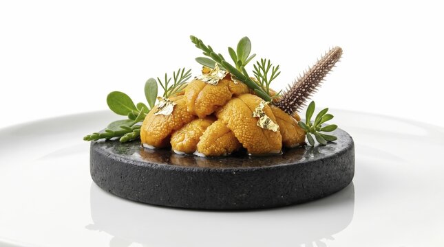 A delicate presentation of fresh sea urchin gonads adorned with gold leaf and garnished with vibrant green sea vegetables on a dark stone plate, AI generated