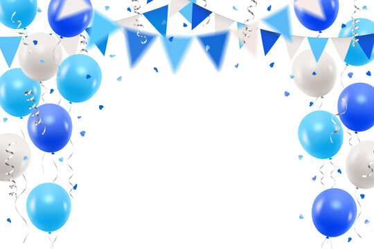 Vector colorful blue and white party balloons, heart shaped confetti and streamers decorative border or frame, boy's birthday or baby shower invitation