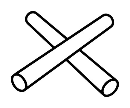 Hand traced black outline vector icon of two crossed claves wooden percussion drumsticks forming an X shape musical instrument illustration minimalist line drawing