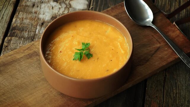 Bowl of pumpkin soup puree. Tradition vegetable cream soup. Thanksgiving dinner in rustic style. Autumn food.