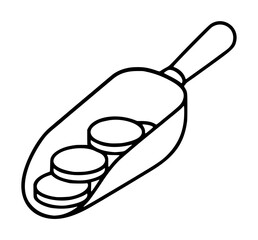 Black outlined hand-traced vector icon illustration of a coin scoop shovel holding three stacked coins, minimal line art style for money savings concept © MdFahim